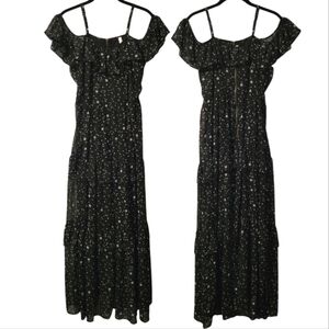 Women's M Black White Stars Ruffle Tiered Maxi Dress Whimsigoth Dark Romantic